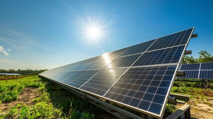solar panels on the field under clear blue sky and sun