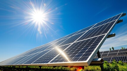 solar panels on the field under clear blue sky and sun