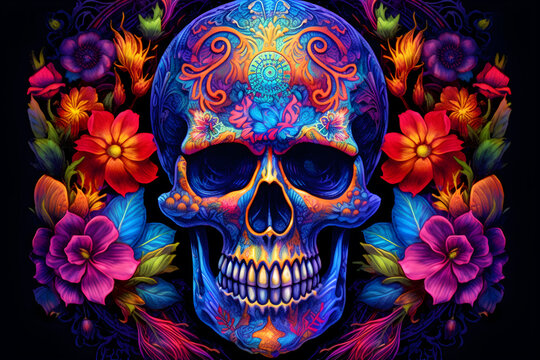 blacklight painting of skull art, flower,geometric shape.