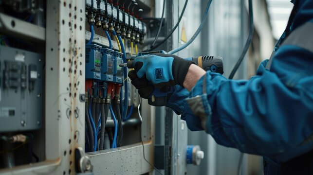 A male electrician works in a switchboard with an electrical connecting cable.