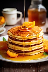 A stack of fluffy pancakes with orange slices and juice sits on a tray