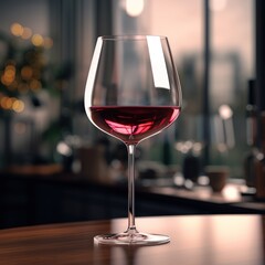 A single glass of red wine sits on a table