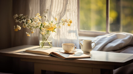 A table with a cup of coffee and a vase of flowers in front of a window with sunlight streaming through. - obrazy, fototapety, plakaty