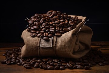 Coffee beans are wrapped in sacks against a backdrop of batik cloth on the dark background