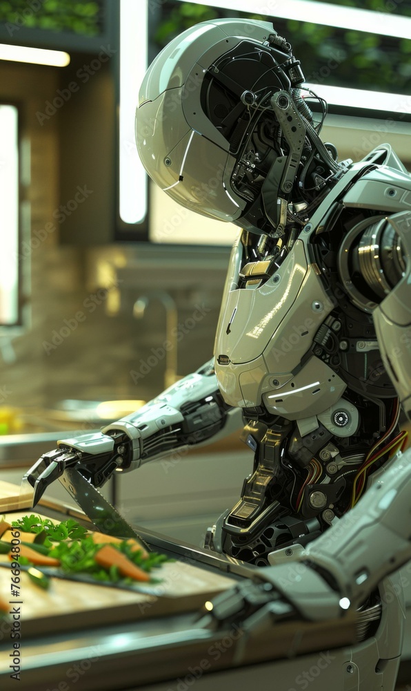 Aufkleber a robot cutting vegetables in a kitchen with an open window. generative ai.