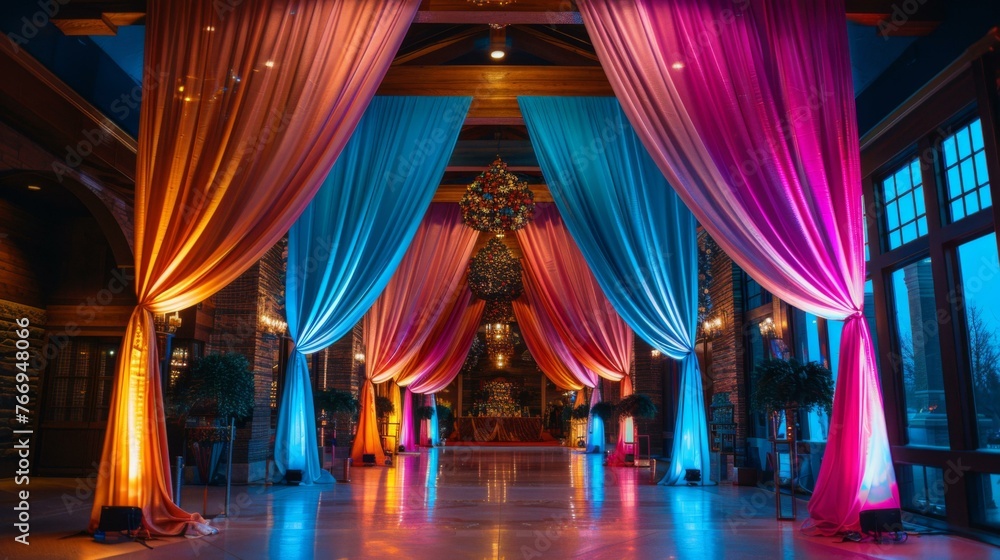 Poster a long hallway with colorful curtains and a chandelier. generative ai.