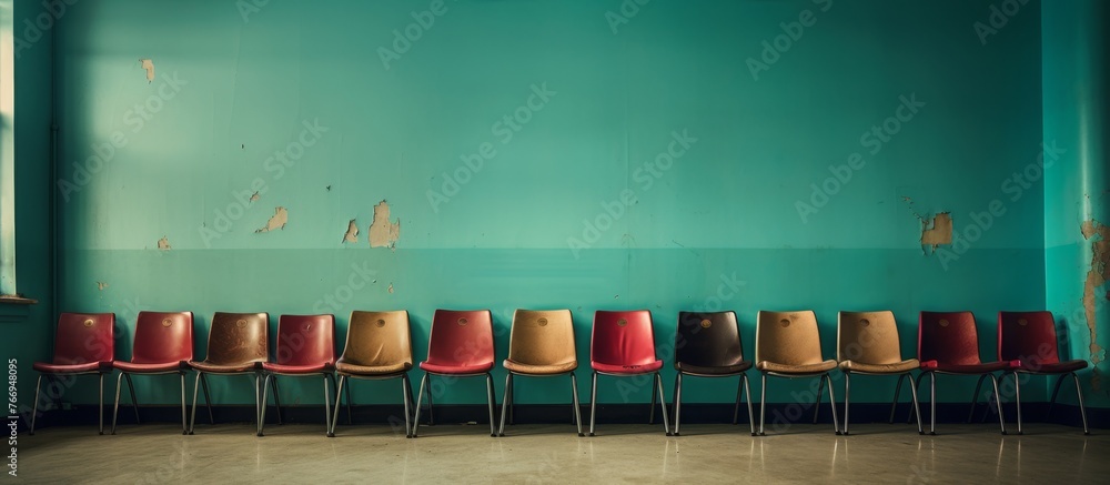 Poster a row of chairs is neatly arranged in a rectangular shape in front of an electric blue wall in a roo