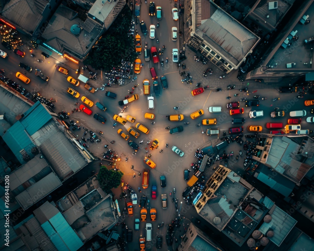 Aufkleber an overhead view of a busy intersection with many cars and trucks. generative ai.