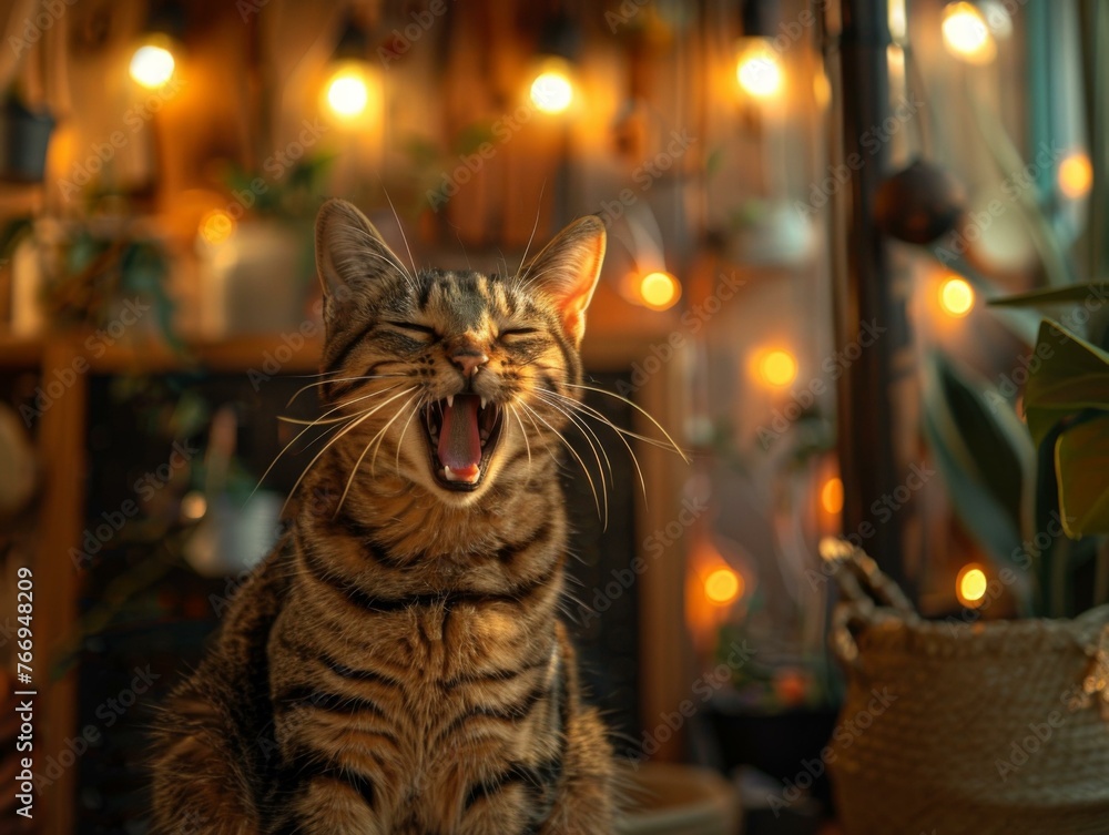 Poster a cat sitting on a table with its mouth open. generative ai.
