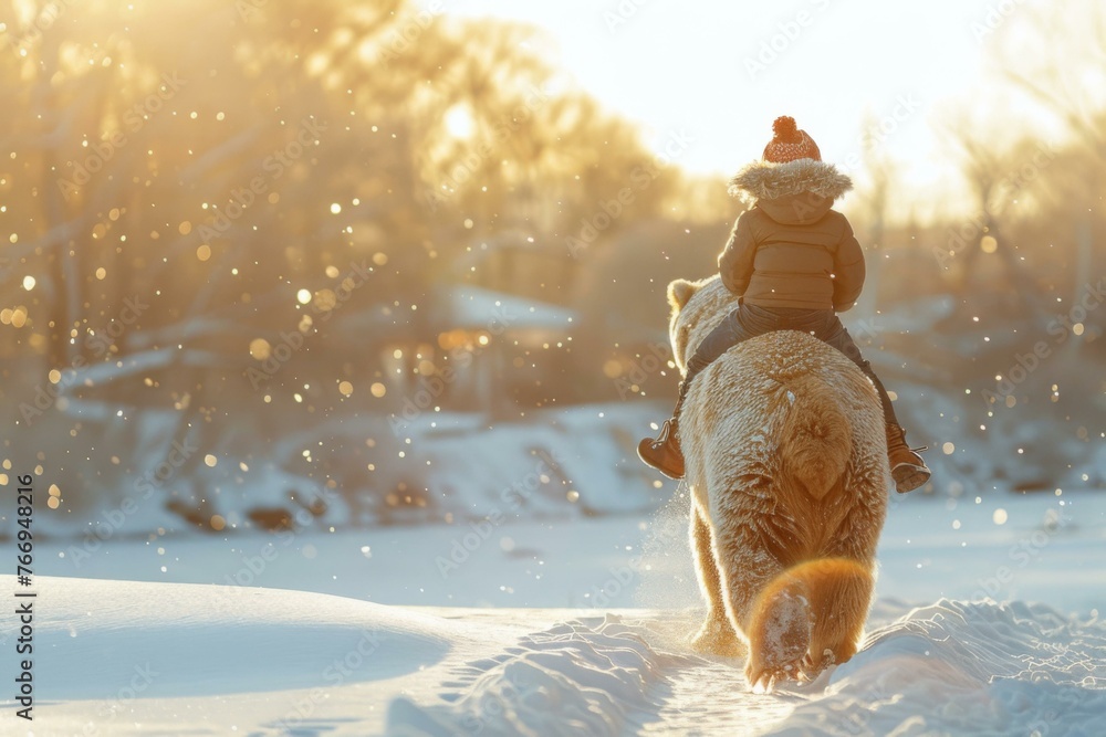 Poster a person riding a bear in the snow with trees behind. generative ai.