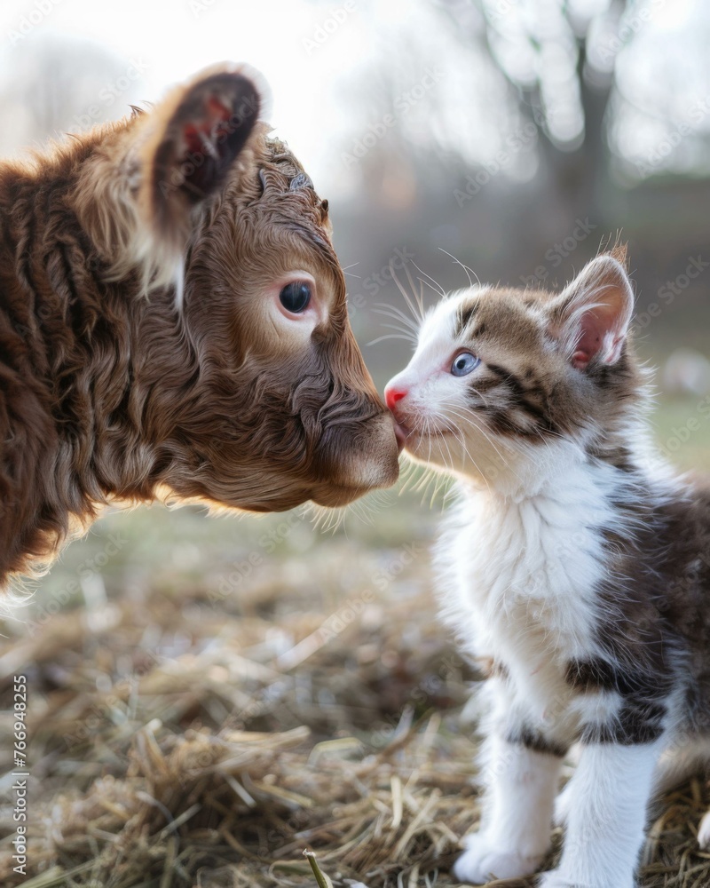 Poster a small kitten and a cow are standing next to each other. generative ai.