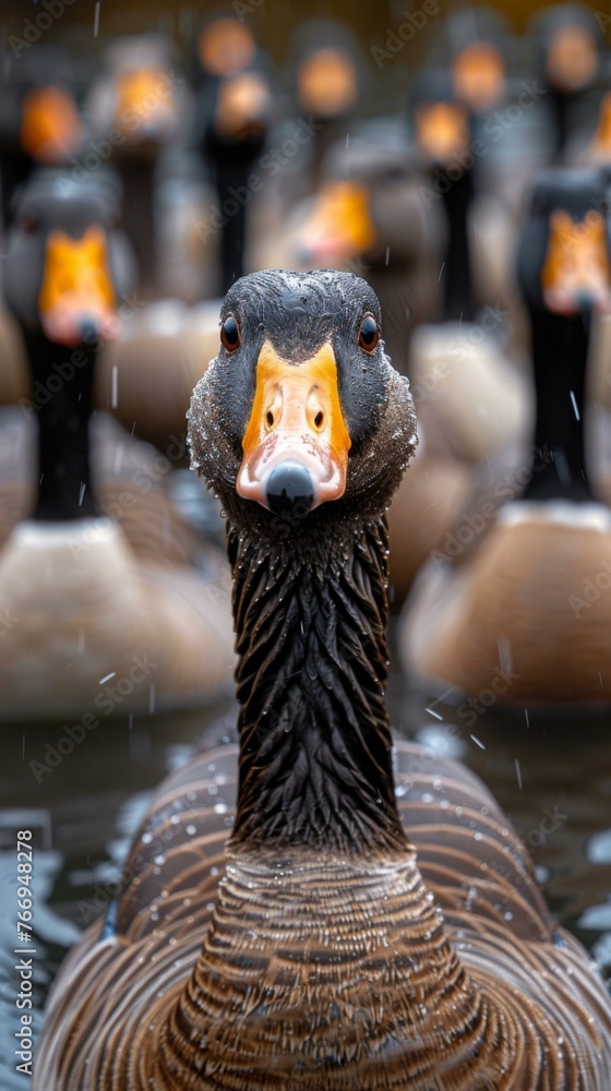 Poster a group of a flock of ducks standing in the water. generative ai.