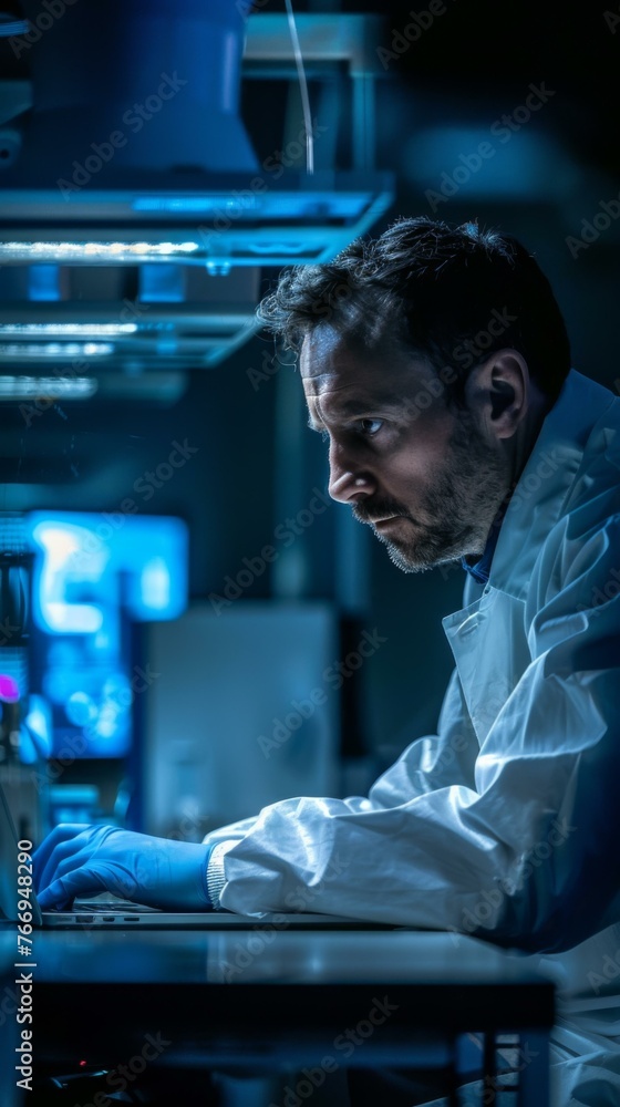 Poster a man in lab coat working on laptop computer at night. generative ai.