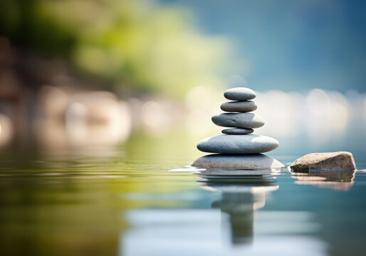 Stacked rocks balance precariously in water, representing harmony and Zen-like calmness.