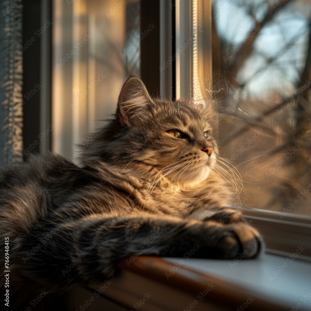 Poster a cat laying on a window sill looking out the window. generative ai.