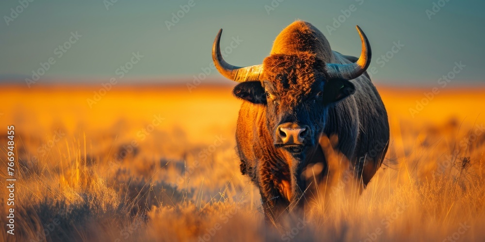 Poster a bull with large horns standing in a field of tall grass. generative ai.