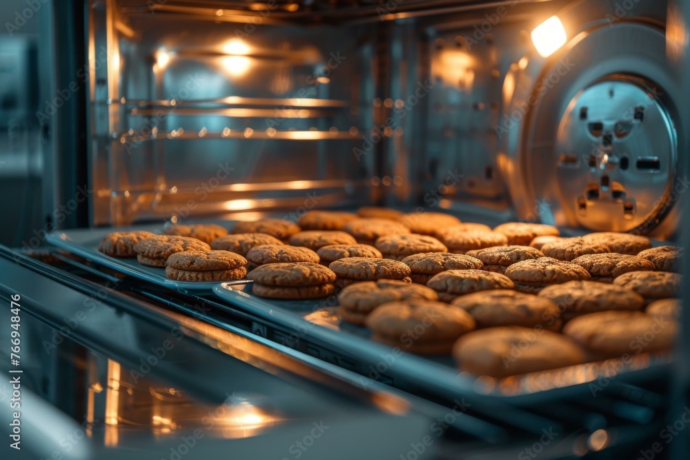 Poster a tray of cookies are baking in an oven with the door open. generative ai.