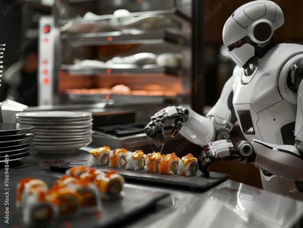 Poster a robot preparing sushi on a tray in front of an open kitchen. generative ai.