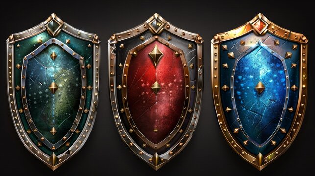 Set of medieval shields isolated on black background.