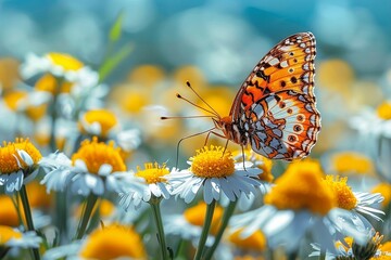 Obraz premium Midday photography of beautiful hamomile and butterfly