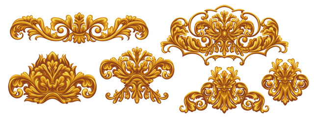 Set of golden decorative elements in Baroque style