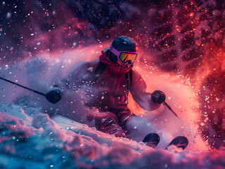 A skier soaring through a colored cloud of powder in the world of sports. AI generated.  - obrazy, fototapety, plakaty