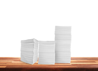 Stack of paper documents on the table Document work in the office Isolated pile on white background.