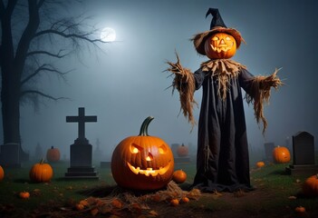 Jack O Lantern. A terrible scarecrow in old clothes and a pumpkin's head, on a foggy cemetery. Concept poster of Halloween. - obrazy, fototapety, plakaty