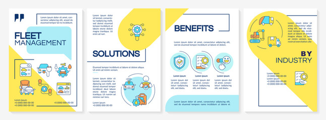 Fleet management systems blue and yellow brochure template. Leaflet design with linear icons. Editable 4 vector layouts for presentation, annual reports. Questrial, Lato-Regular fonts used