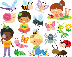 Obraz na płótnie Canvas Bugs clipart set. Cute cartoon insects and kids exploring nature.