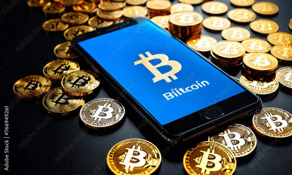 Poster a sleek smartphone displays a vibrant blue bitcoin graphic, set against a backdrop of assorted bitco
