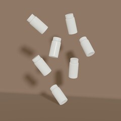 A photo of white plastic medicine bottles floating freely against a brown wall.