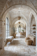 Fototapeta na wymiar interior design photo of an architectural of a well maintained and luminous Tuscan house in white stone texture and with luxury furniture