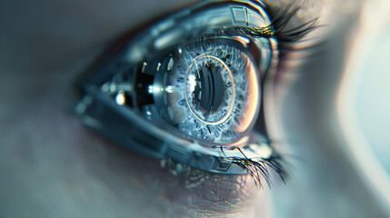 close up of a bionically enhanced eye with reflections  - obrazy, fototapety, plakaty