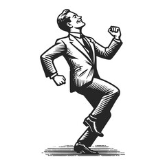 Fototapeta premium cheerful happy businessman in a suit dancing celebrating a victory or success. Sketch engraving generative ai raster illustration. Scratch board imitation. Black and white image.