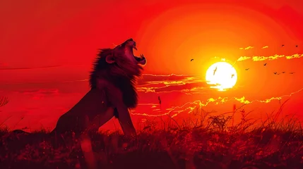 Raamstickers Majestic Lion Roaring at Awe Inspiring Sunrise in the Savannah King of the Wild © Thares2020