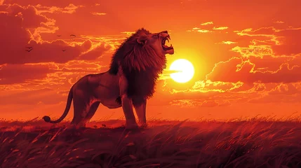 Zelfklevend Fotobehang Majestic Lion Roaring at Dramatic Sunrise over Savanna Landscape © Thares2020