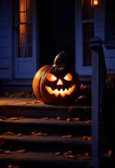 Halloween concept poster. Pumpkin with glowing eyes and smile on the porch of the house.