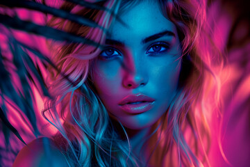 Mystical portrait of a beautiful girl in the forest. Delicate neon glow. Fairytale image.