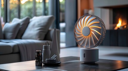 Portrait of a modern electric table fan kept in tea table in living room with a space for text or product, Generative AI. - obrazy, fototapety, plakaty