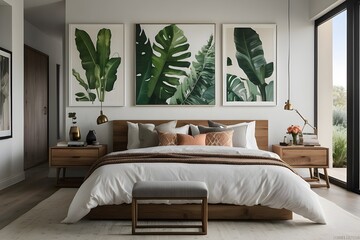 modern living room,Step into a modern bedroom oasis, flooded with natural light and California-inspired design. The crisp white walls are the perfect canvas for your imagination to run wild. - obrazy, fototapety, plakaty