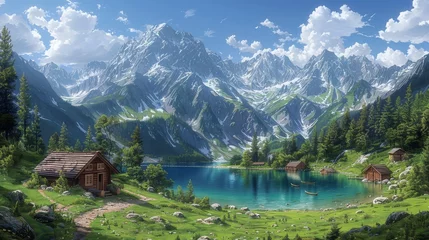 Gardinen Illustration of a mountain landscape with a small hut by a lake © senadesign
