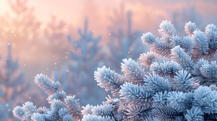 the ethereal beauty of a frost-covered pine tree at dawn The delicate glistening ice crystals