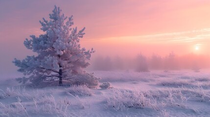 Frost Covered Pine Tree at Enchanting Dawn in Serene Winter Landscape