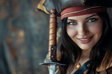 Smiling Young Woman in Pirate Costume with Eye Patch