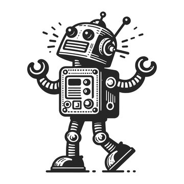 vintage robot with a friendly face and waving hand, in a retro comic style, line art sketch engraving generative ai raster illustration. Scratch board imitation. Black and white image.