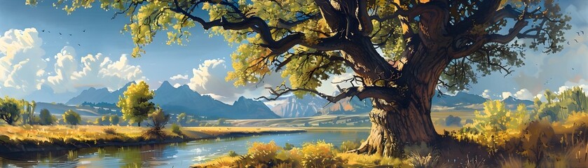 This stunning image captures a towering cottonwood tree standing proudly by a tranquil river - obrazy, fototapety, plakaty