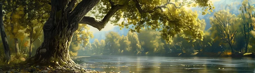 Foto op Canvas Majestic Cottonwood Tree Overlooking Serene River in Lush Verdant Summer Landscape © Thares2020
