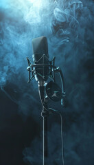 Studio microphone on stand with a dark smokey background
