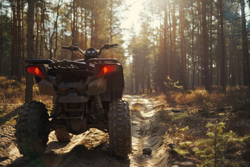 Fototapeta premium An ATV stands ready on a forest trail, promising off-road adventure and exploration.